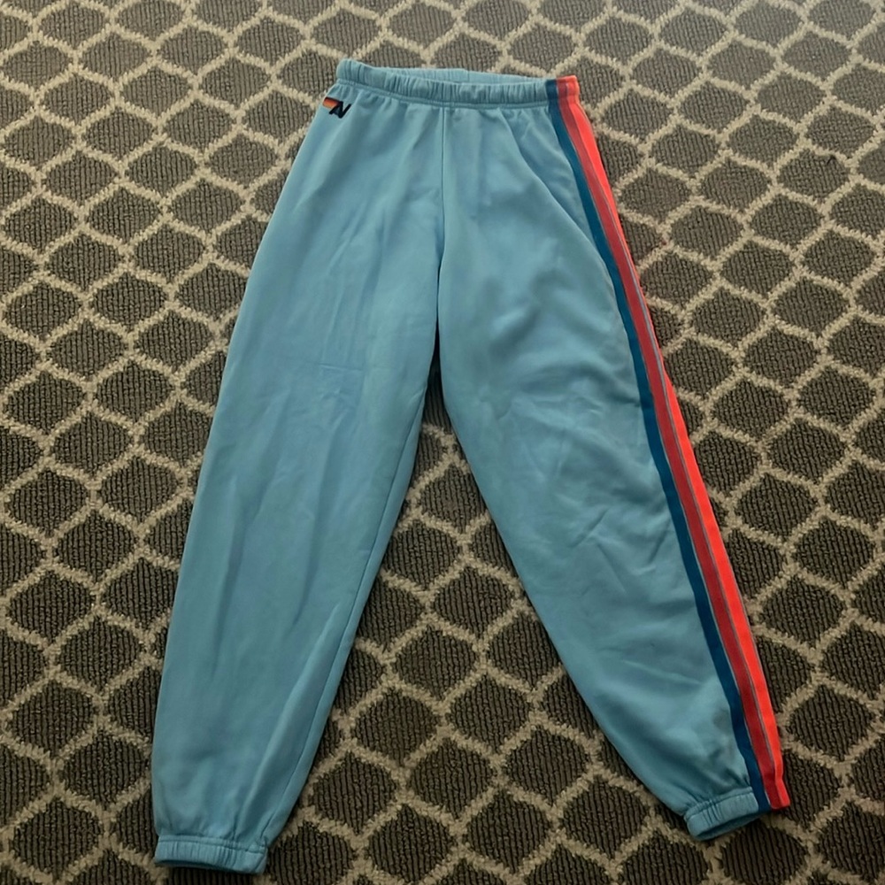 Aviator Nation Light Blue Sweatpants with Red and Blue Stripes